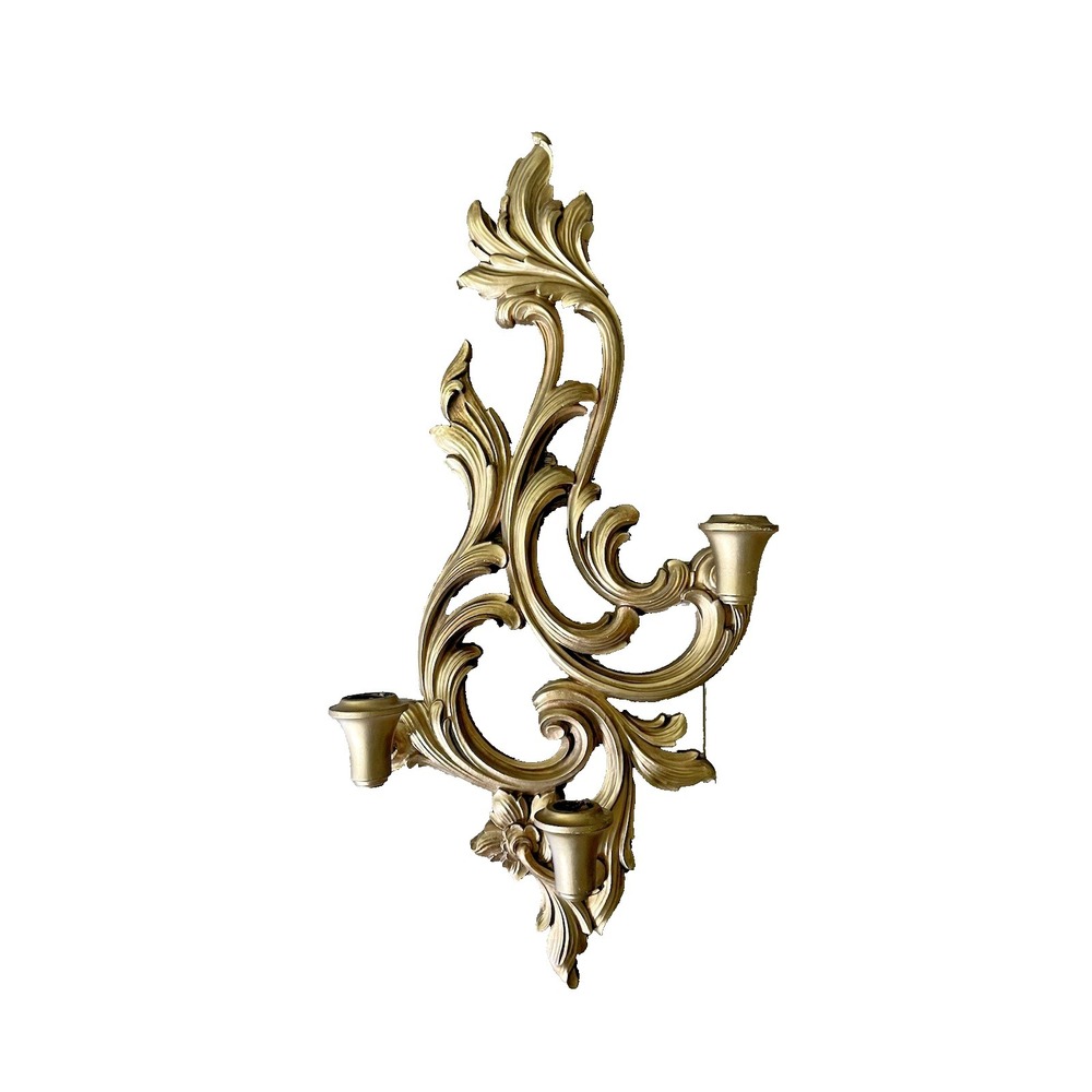 Vtg MCM Syroco Wood Gold Triple Wall Sconce Candle Holder Hollywood Regency